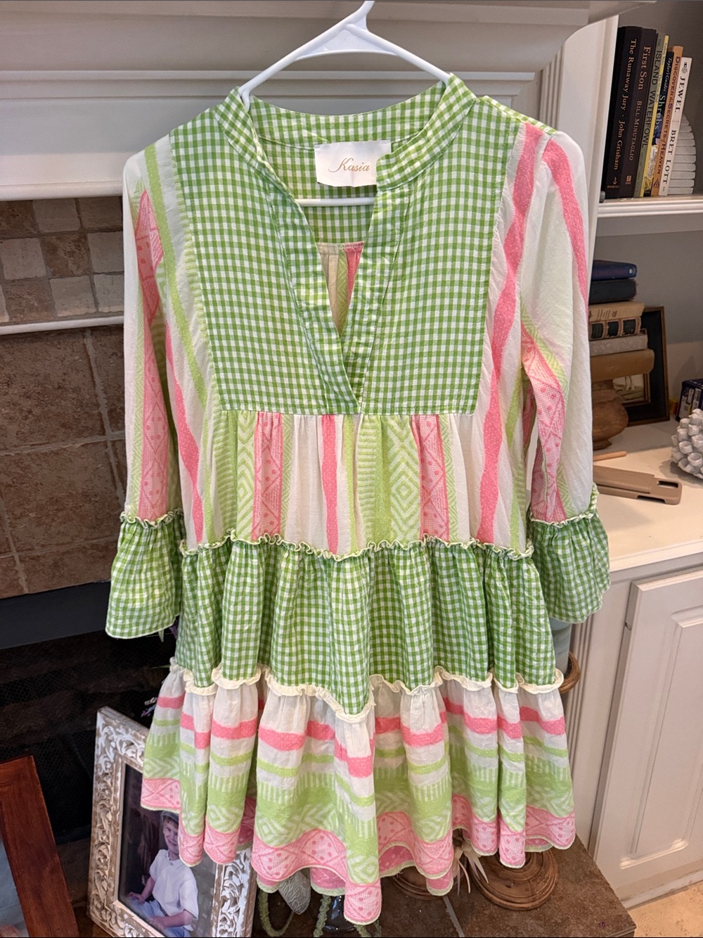 Kasia Ella Ruffle Tiered Mini Dress Size Bell Sleeve pink green white S